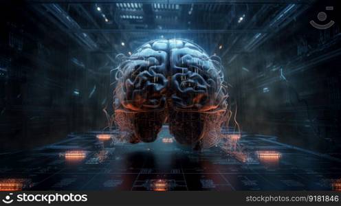 Futuristic android brain on circuit board background representing the digital age of AI. AI is Generative machine intelligence.