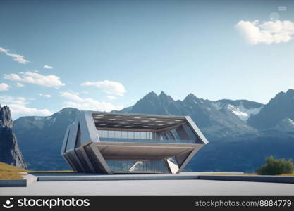 Futuristic architecture of modern hall entrance facade on high mountain top scenery with empty outdoor concrete corridor under bright light blue sky scene. Peculiar AI generative image.. Futuristic architecture of modern hall entrance on mountain with empty corridor