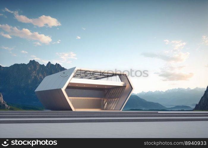 Futuristic architecture of modern hall entrance facade on high mountain top scenery with empty outdoor concrete corridor under bright light blue sky scene. Peculiar AI generative image.. Futuristic architecture of modern hall entrance on mountain with empty corridor