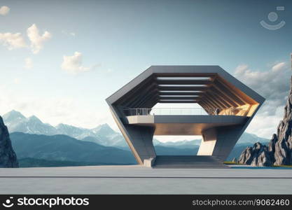 Futuristic architecture of modern hall entrance facade on high mountain top scenery with empty outdoor concrete corridor under bright light blue sky scene. Peculiar AI generative image.. Futuristic architecture of modern hall entrance on mountain with empty corridor