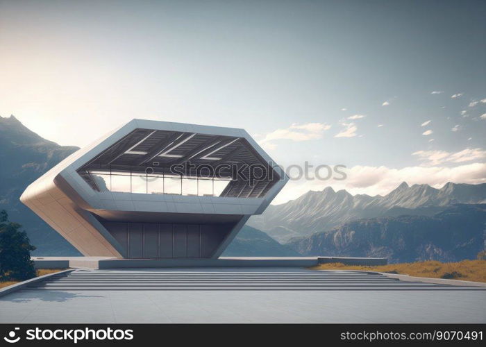 Futuristic architecture of modern hall entrance facade on high mountain top scenery with empty outdoor concrete corridor under bright light blue sky scene. Peculiar AI generative image.. Futuristic architecture of modern hall entrance on mountain with empty corridor