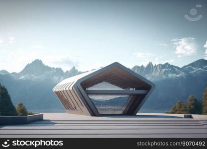 Futuristic architecture of modern hall entrance facade on high mountain top scenery with empty outdoor concrete corridor under bright light blue sky scene. Peculiar AI generative image.. Futuristic architecture of modern hall entrance on mountain with empty corridor