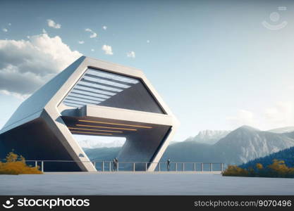 Futuristic architecture of modern hall entrance facade on high mountain top scenery with empty outdoor concrete corridor under bright light blue sky scene. Peculiar AI generative image.. Futuristic architecture of modern hall entrance on mountain with empty corridor