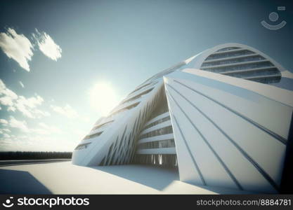 Futuristic architecture of modern hall entrance facade with empty concrete corridor under bright blue sky outdoor. Peculiar AI generative image.. Futuristic architecture of modern hall entrance facade with empty corridor