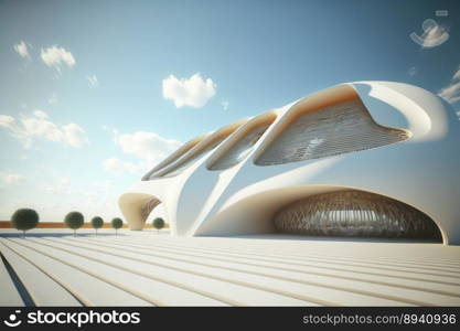 Futuristic architecture of modern hall entrance facade with empty concrete corridor under bright blue sky outdoor. Peculiar AI generative image.. Futuristic architecture of modern hall entrance facade with empty corridor