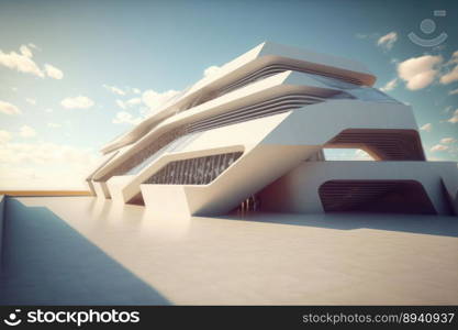 Futuristic architecture of modern hall entrance facade with empty concrete corridor under bright blue sky outdoor. Peculiar AI generative image.. Futuristic architecture of modern hall entrance facade with empty corridor