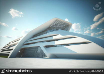 Futuristic architecture of modern hall entrance facade with empty concrete corridor under bright blue sky outdoor. Peculiar AI generative image.. Futuristic architecture of modern hall entrance facade with empty corridor