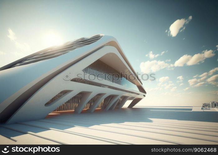 Futuristic architecture of modern hall entrance facade with empty concrete corridor under bright blue sky outdoor. Peculiar AI generative image.. Futuristic architecture of modern hall entrance facade with empty corridor