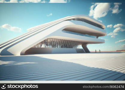 Futuristic architecture of modern hall entrance facade with empty concrete corridor under bright blue sky outdoor. Peculiar AI generative image.. Futuristic architecture of modern hall entrance facade with empty corridor