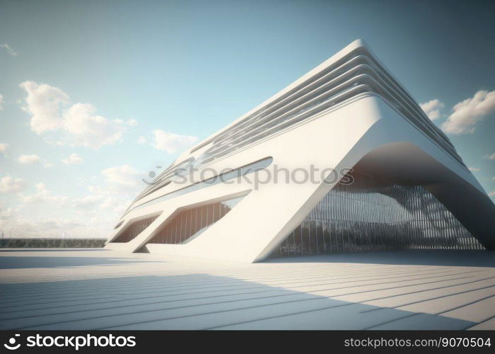 Futuristic architecture of modern hall entrance facade with empty concrete corridor under bright blue sky outdoor. Peculiar AI generative image.. Futuristic architecture of modern hall entrance facade with empty corridor