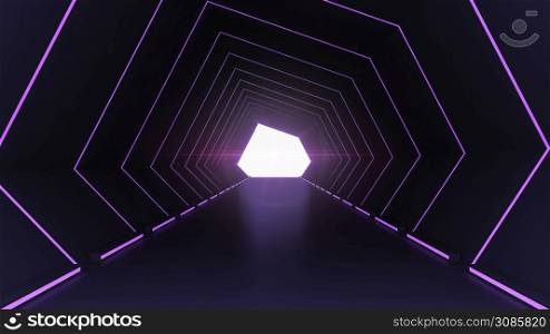 Futuristic architecture sci-fi hallway and corridor tunnel interior with neon lights background, 3d rendering