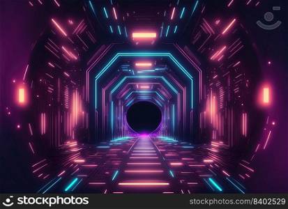Futuristic Backdrop of a Cyberpunk Themed Neon Glowing Corridor