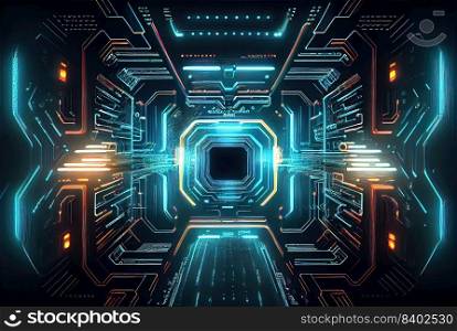 Futuristic Backdrop of a Cyberpunk Themed Neon Glowing Tunnel