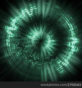 Futuristic background green. Elements of particles, lines, abstract figures and the dim lines of light
