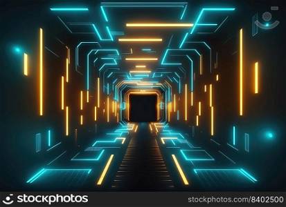 Futuristic Background of Neon Glowing Tunnel