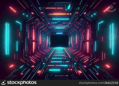 Futuristic Background of Space Station Neon Light Tunnel Theme