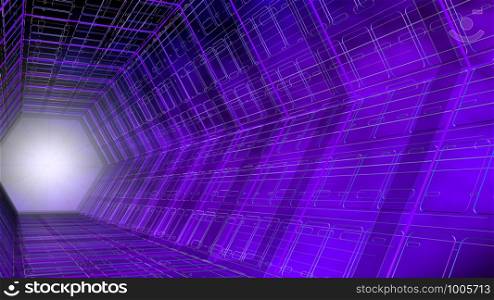 Futuristic background side view of a tunnel with hexagonal shape structure of purple and blue with white light in the background. 3D Illustration