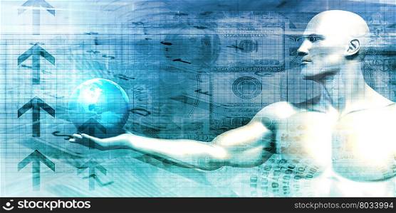 Futuristic Background with Businessman and Globe in Hands. Digital Science