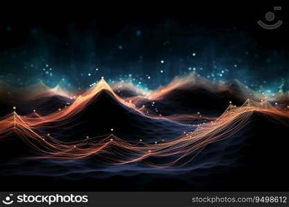 Futuristic big data visualization wave is connecting neural networks on earth. The glowing abstract wave moves across the landscape. Generative AI