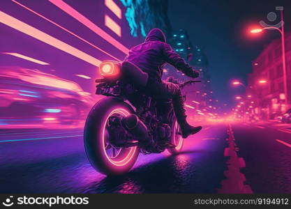 Futuristic biker on a retrowave sunset with a glitch and high-speed effect. Neural network AI generated art. Futuristic biker on a retrowave sunset with a glitch and high-speed effect. Neural network AI generated