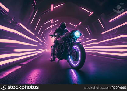 Futuristic biker on a retrowave sunset with a glitch and high-speed effect. Neural network AI generated art. Futuristic biker on a retrowave sunset with a glitch and high-speed effect. Neural network AI generated