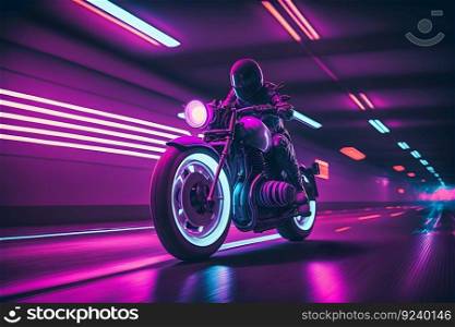 Futuristic biker on a retrowave sunset with a glitch and high-speed effect. Neural network AI generated art. Futuristic biker on a retrowave sunset with a glitch and high-speed effect. Neural network AI generated