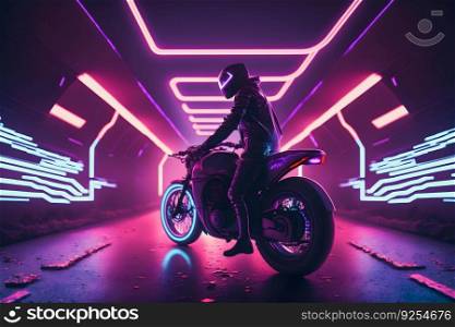 Futuristic biker on a retrowave sunset with a glitch and high-speed effect. Neural network AI generated art. Futuristic biker on a retrowave sunset with a glitch and high-speed effect. Neural network AI generated