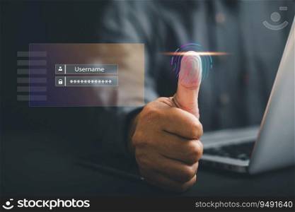 Futuristic biometric fingerprint scanner captures a person’s thumb up, symbolizing the future of secure identification. Global surveillance and digital security scanning for cyber applications.
