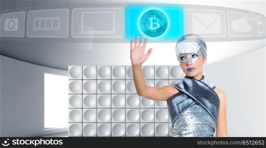 futuristic Bitcoin BTC girl in silver touch finger screen. futuristic Bitcoin BTC girl in silver touch finger glass screen hologram