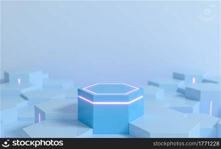Futuristic blue hexagonal sci-fi pedestal with purple neon light for display product showcase, 3d rendering