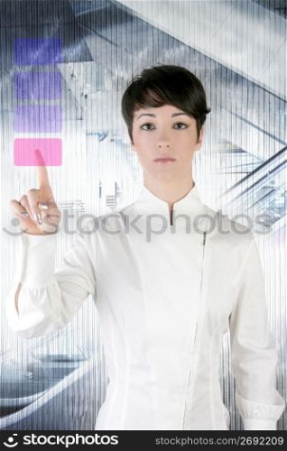 futuristic businesswoman finger touch pad on modern office