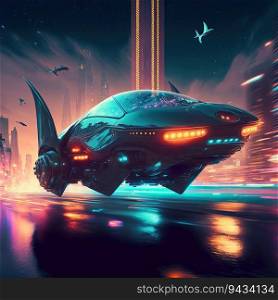 Futuristic car flying over the city in the night with back light created by AI