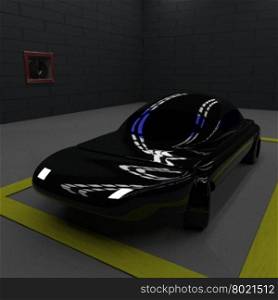 Futuristic car (no reference image) in a garage, 3d rendering