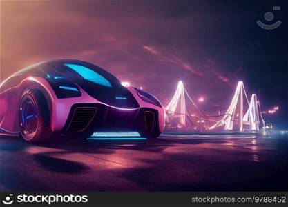 Futuristic car, non existent design, city wiith neon lights in background. Futuristic car, non existent design