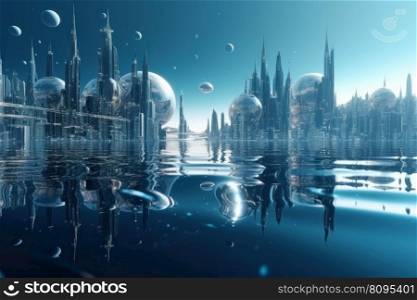 Futuristic city harbor in water. Skyline urban. Generate Ai. Futuristic city harbor in water. Generate Ai