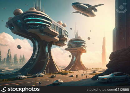 futuristic city, with flying autonomous vehicles and floating roadways for fast and efficient transport, created with generative ai. futuristic city, with flying autonomous vehicles and floating roadways for fast and efficient transport