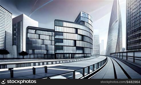 Futuristic cityscape with contemporary office buldings.  Architectural drawing style generative AI illustration, cityscape