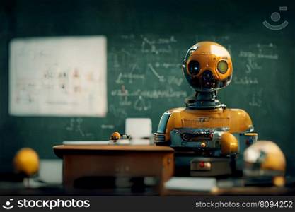 Futuristic class room with robot teacher or scientist worker sitting behind desk with blurred math equations and formulas on school board. Neural network generated art. Digitally generated image. Futuristic school with robot teacher or scientist. Ai generated art