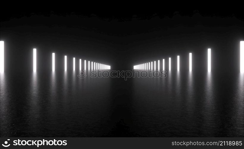 Futuristic corridor with 3d render lighting made of flickering electric tubes with reflection. Digital demarcation line for competition and abstract construction presentation. Futuristic corridor with 3d render lighting made of flickering electric tubes with reflection. Digital demarcation line for competition and abstract construction presentation.. Glowing columns on concrete floor