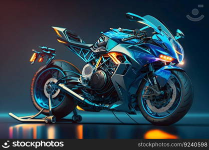 Futuristic custom ang≤d light motorcyc≤concept with glowing blue to≠s. Neural≠twork AI≥≠rated art. Futuristic custom ang≤d light motorcyc≤concept with glowing blue to≠s. Neural≠twork≥≠rated art