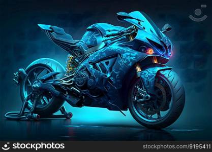 Futuristic custom angled light motorcycle concept with glowing blue tones. Neural network AI generated art. Futuristic custom angled light motorcycle concept with glowing blue tones. Neural network generated art