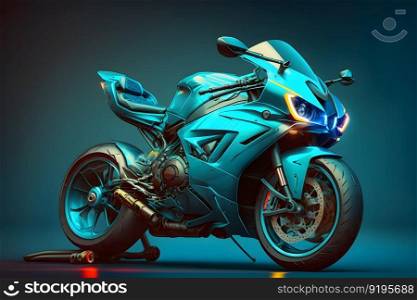 Futuristic custom angled light motorcycle concept with glowing blue tones. Neural network AI generated art. Futuristic custom angled light motorcycle concept with glowing blue tones. Neural network generated art