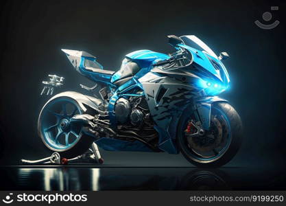 Futuristic custom angled light motorcycle concept with glowing blue tones. Neural network AI generated art. Futuristic custom angled light motorcycle concept with glowing blue tones. Neural network generated art