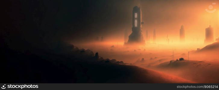 Futuristic cyberpunk city in desert dunes. Postapocalyptic megapolis in sand dunes. Generative AI. Futuristic cyberpunk city in desert dunes. Postapocalyptic megapolis in sand dunes. Generative AI.