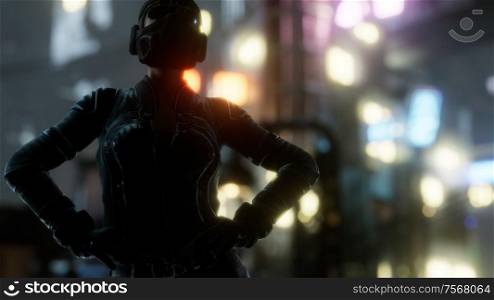Futuristic cyberpunk style young woman with neon bokeh lights
