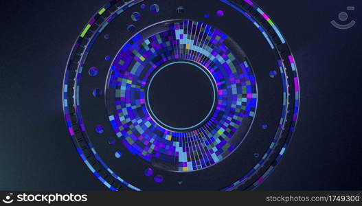 Futuristic dark metallic disk background with blue, red and purple square concentric cells inside changing color. 3D Illustration. Abstract composition of liquid art mixing the colors of the rainbow forming waves. 3D Illustration