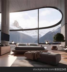 Futuristic design interior bedroom interior with large windows and  mountain views, generative ai