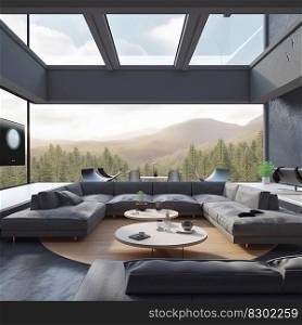 Futuristic design interior living room with large windows and overlooking the forest views and mountains, generative ai