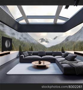 Futuristic design interior living room with large windows and overlooking the forest views and mountains, generative ai