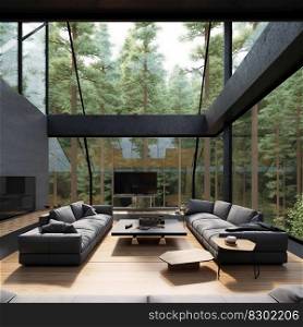 Futuristic design interior living room with large windows and overlooking the forest views, generative ai